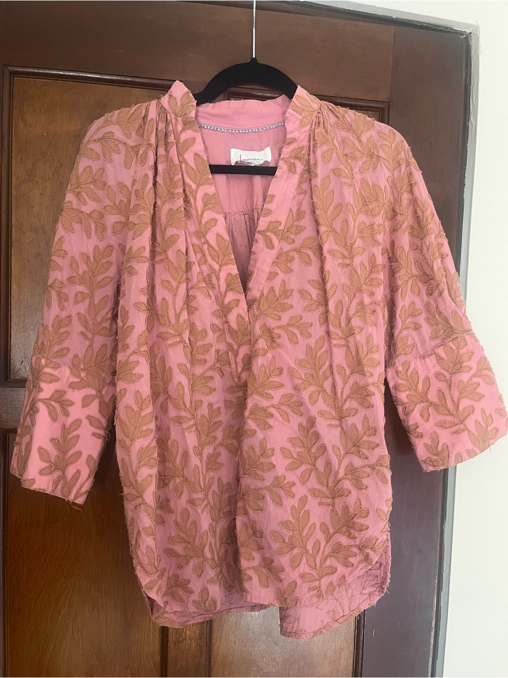 Anthropologie Pink Leaf-Embroidered V-Neck Tunic